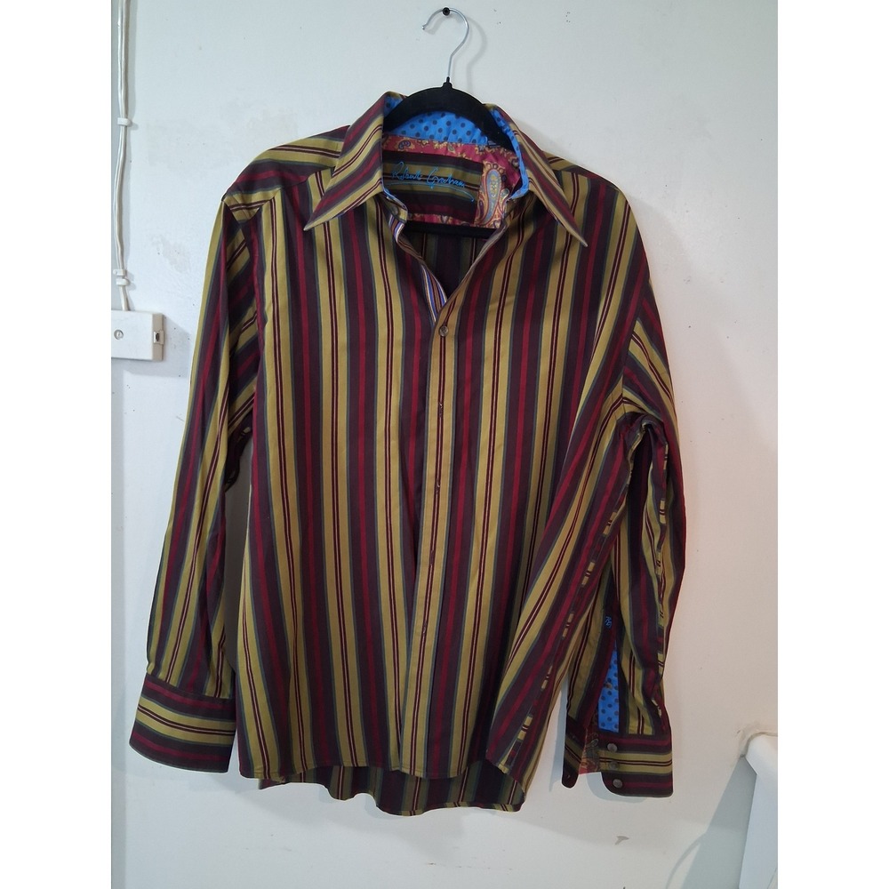 Robert Graham Mens Large Striped Button Down Shirt Paisley Contrast Trim Olive